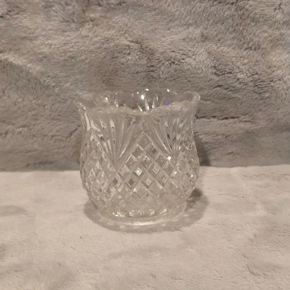 Vintage Clear Pressed Glass Votive Candle/Toothpick Holder Scalloped Rim